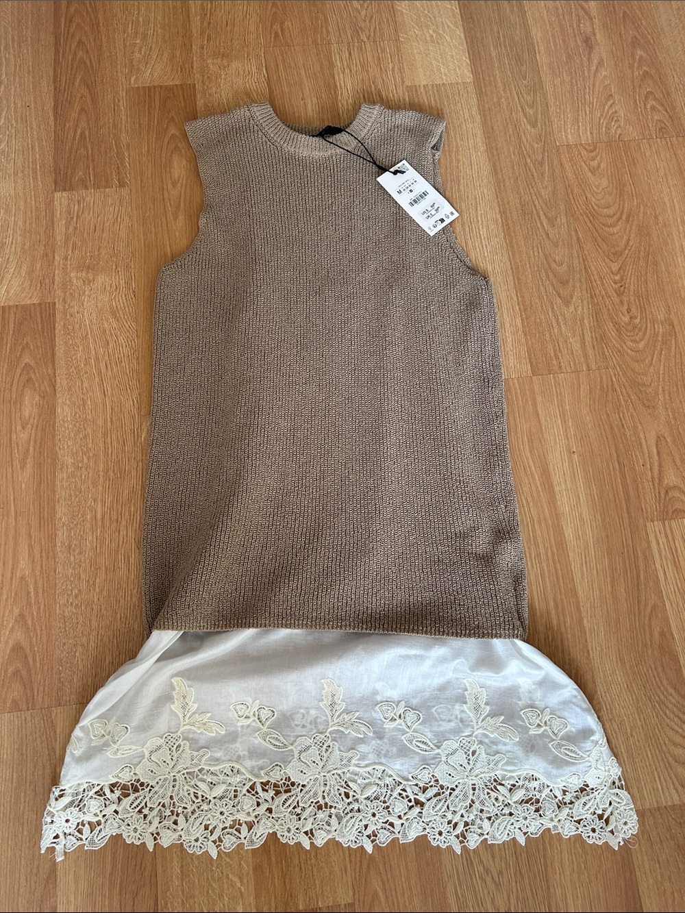 Zara Combination Knit Sleeveless Dress with Cream Lace Hem, NWT, M, Sand